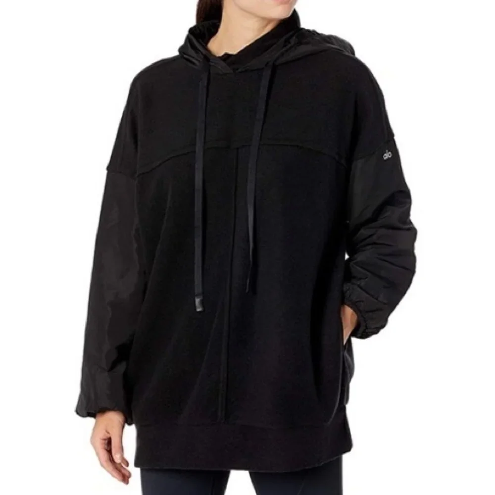Alo Yoga Sweater Black Mixed Media Oversized Pullover Womens Medium Comfy Lounge - Picture 1 of 11
